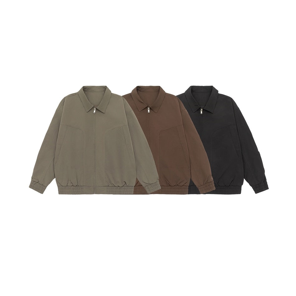 Three zip jackets shown together in gray-green, brown, and black.