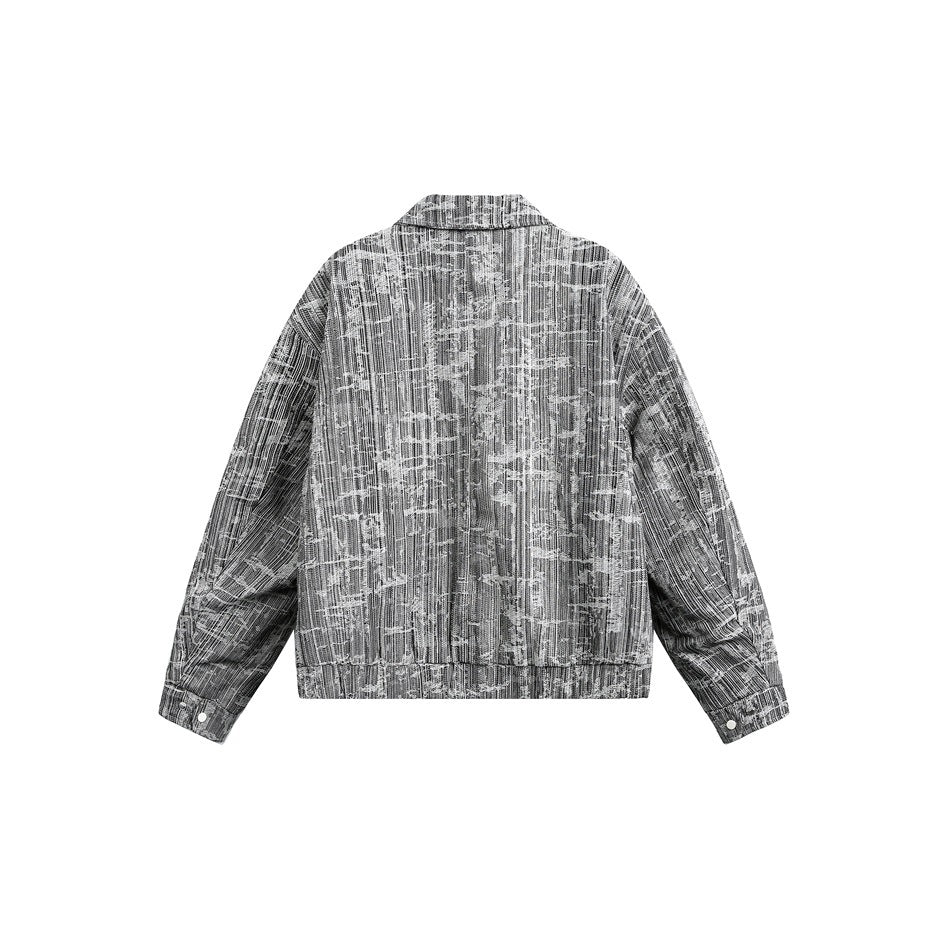 Back view of a gray abstract-patterned jacket with a pointed collar, long sleeves, and a straight hem.