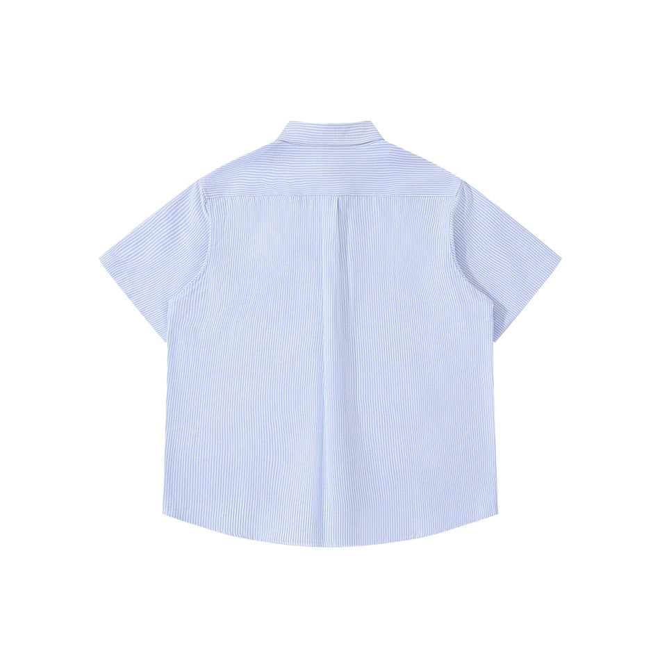 Back view of light blue and white striped short-sleeve shirt showing yoke and center pleat