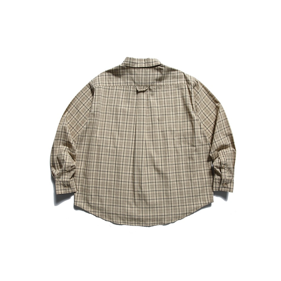 Back view of a beige plaid button-up shirt with long sleeves, a back yoke, and a center pleat.