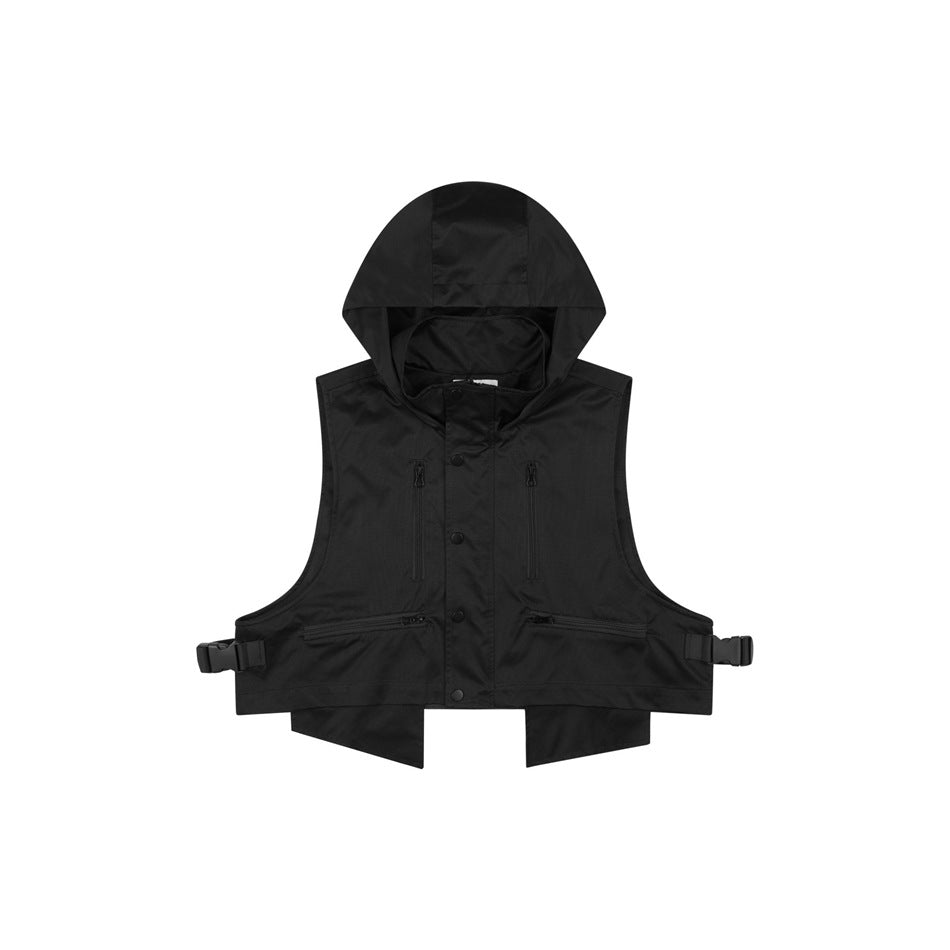 Black hooded utility vest flat lay with snap front, zippered pockets and black side buckles