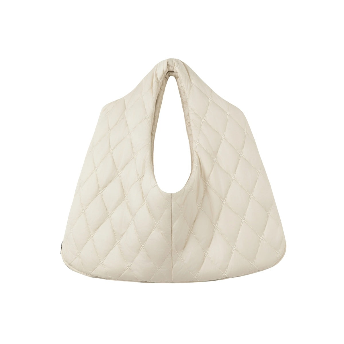 Back view of a cream sleeveless vest with diamond quilting and a large central opening.