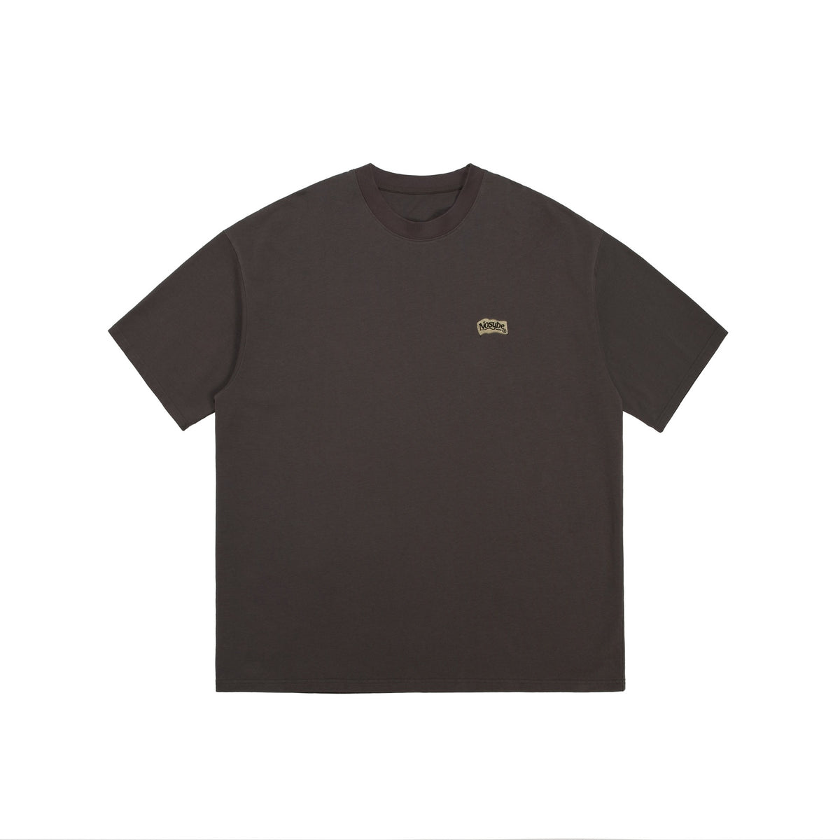 Brown short-sleeve crew-neck T-shirt flat lay, front view, with small embroidered beige patch on left chest