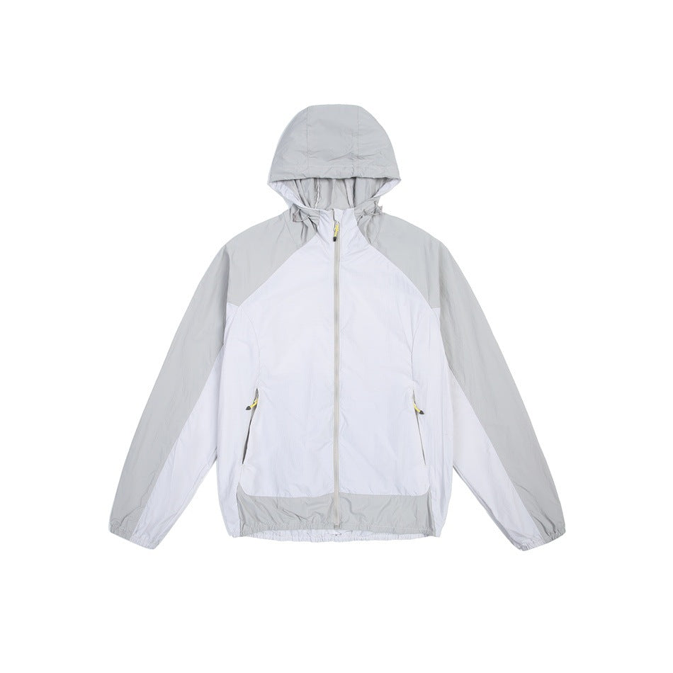 Light gray and white color-block hooded zip jacket flat lay, front view, with zippered pockets and elastic cuffs