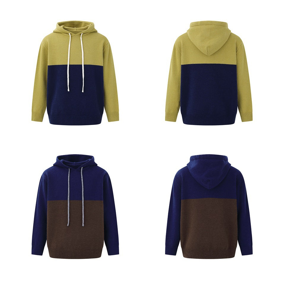 Front and back views of mustard-navy and navy-brown color-block hooded sweaters in a four-panel layout