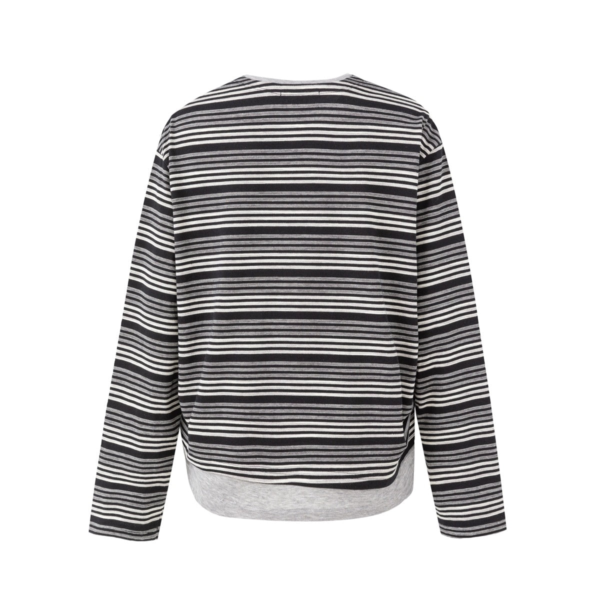 Back view of a black-and-white striped long-sleeve top with a contrasting gray layer at the hem.