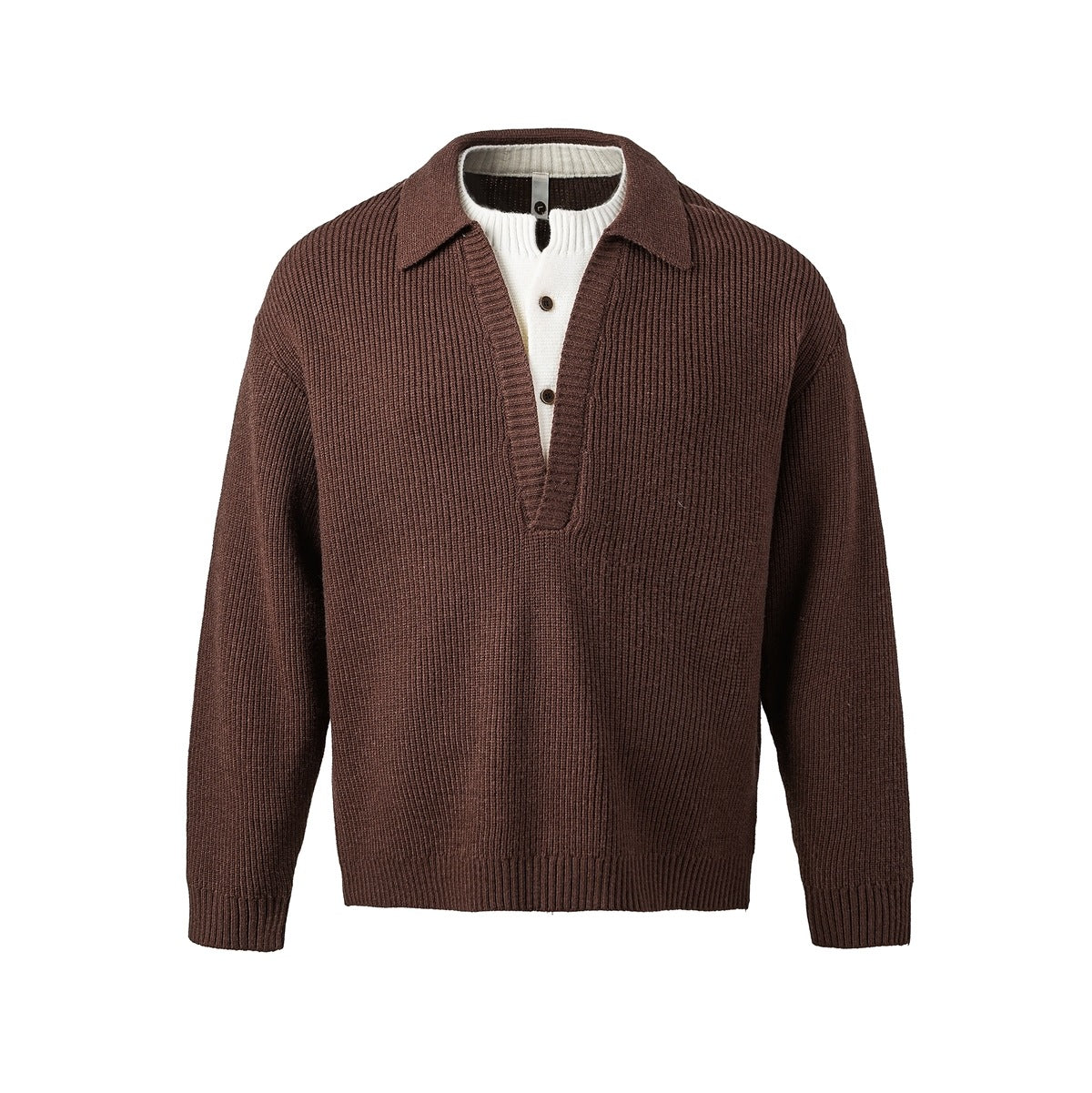 Brown rib-knit pullover sweater with polo collar, deep V neckline and white buttoned insert, front flat view
