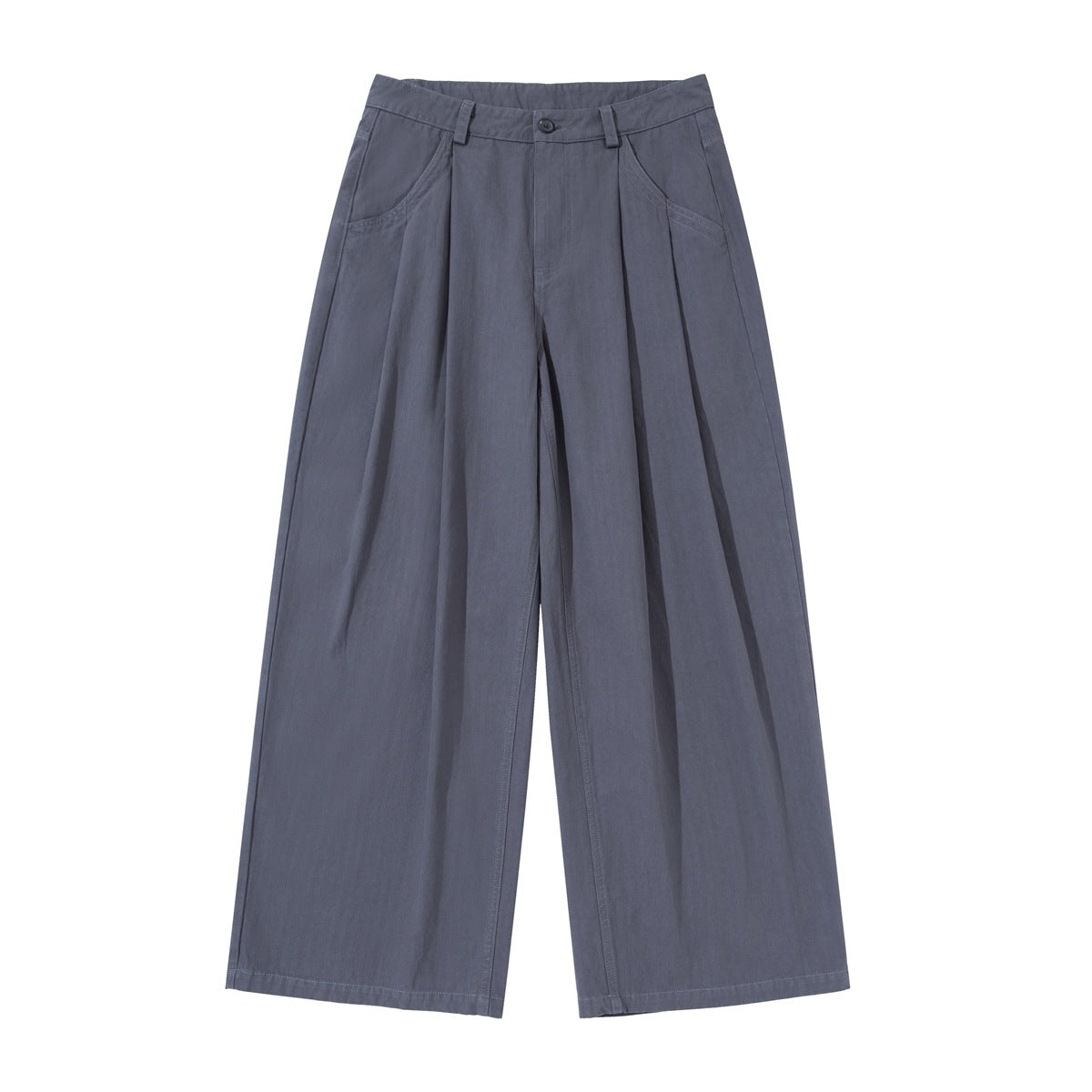 Gray-blue wide-leg pleated pants flat lay, front view, with button waist, belt loops and slanted front pockets