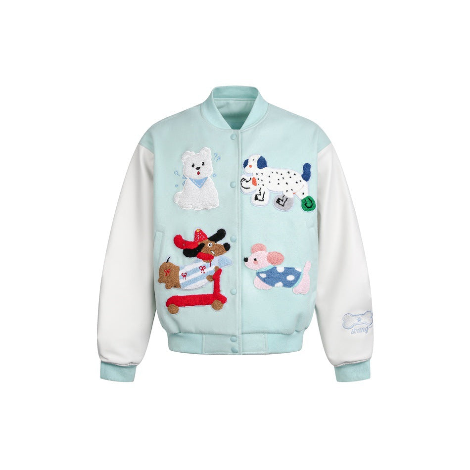 Mint green varsity jacket with white sleeves, snap front and four appliqué animal patches on a white background