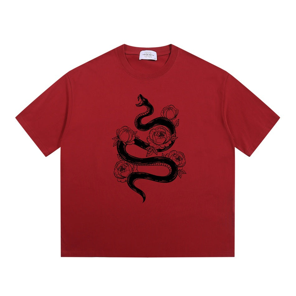 Red crew-neck short-sleeve T-shirt with a black coiled snake and peony flower graphic on the front