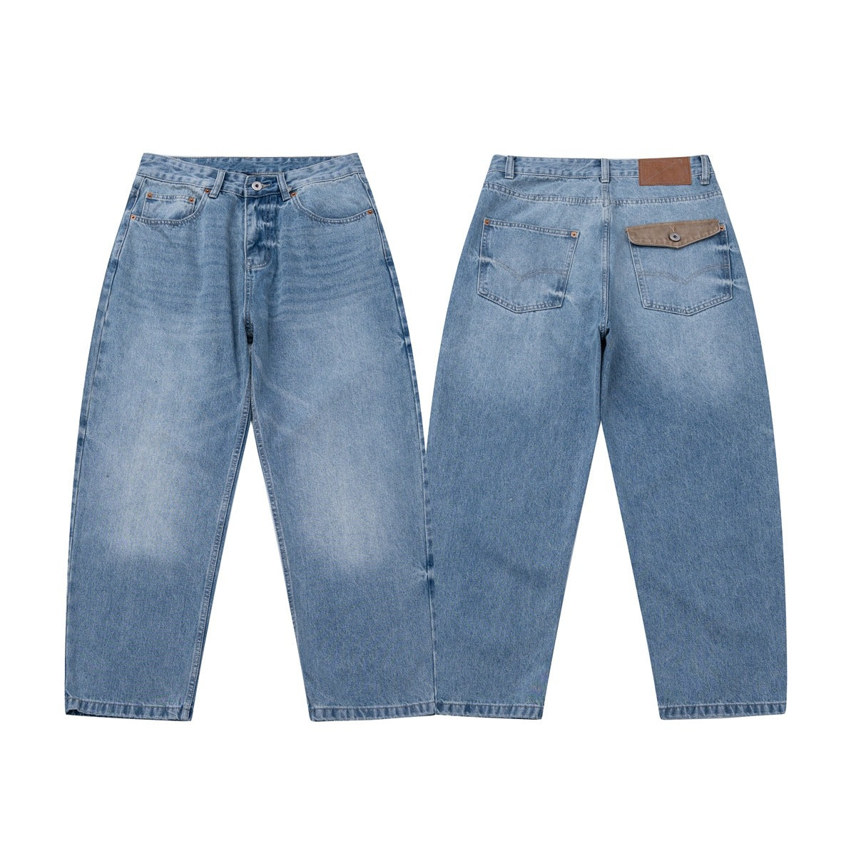 Light blue jeans shown flat with front and back views, wide straight legs, and a buttoned back pocket flap.
