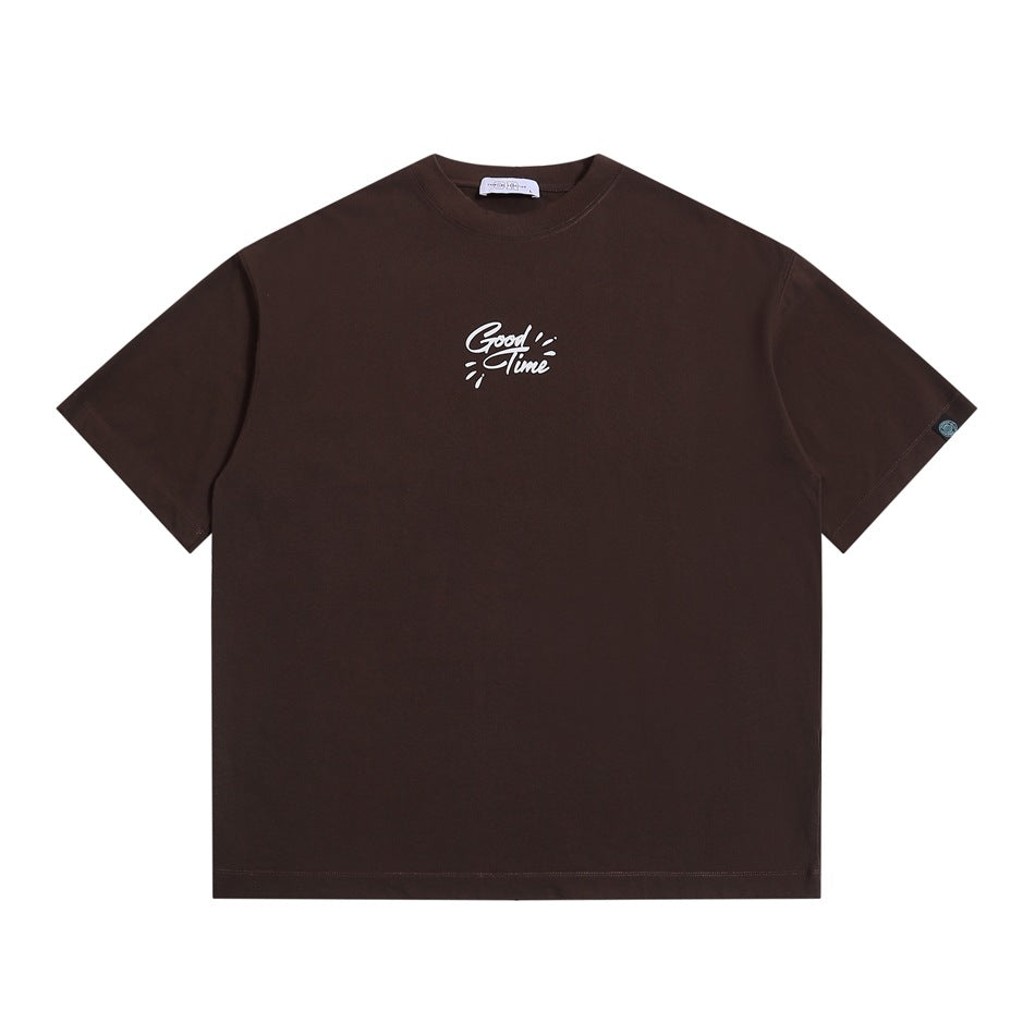 Brown short-sleeve crew-neck T-shirt with small white Good Time script print on the chest, flat front view