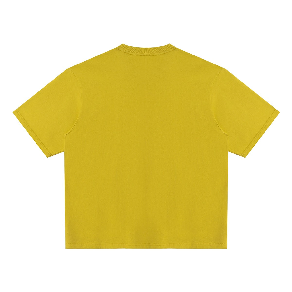 Back view of a plain yellow short-sleeve crew-neck T-shirt laid flat.