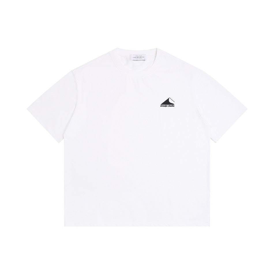 White short-sleeve crew-neck T-shirt with small black mountain logo print on left chest, flat lay