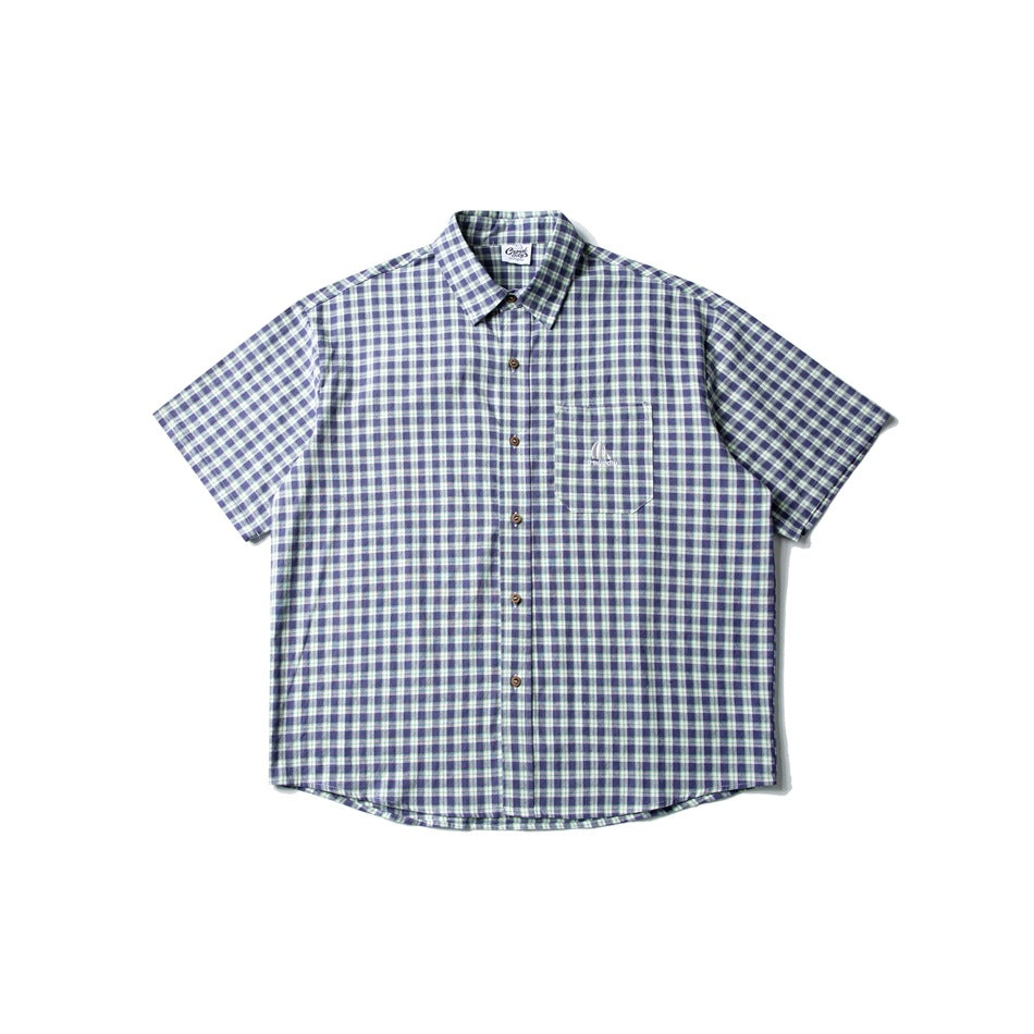 Blue and white plaid short-sleeve button-up shirt with chest pocket, flat lay front view
