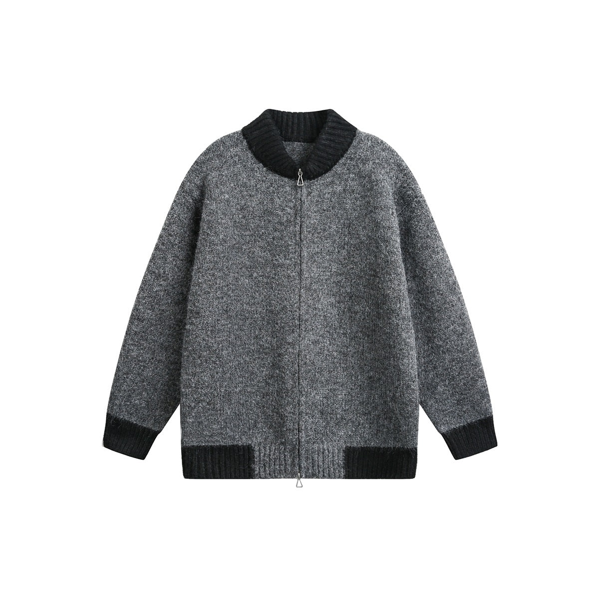 Dark gray knit zip-up jacket with black ribbed collar, cuffs and hem, shown flat from the front