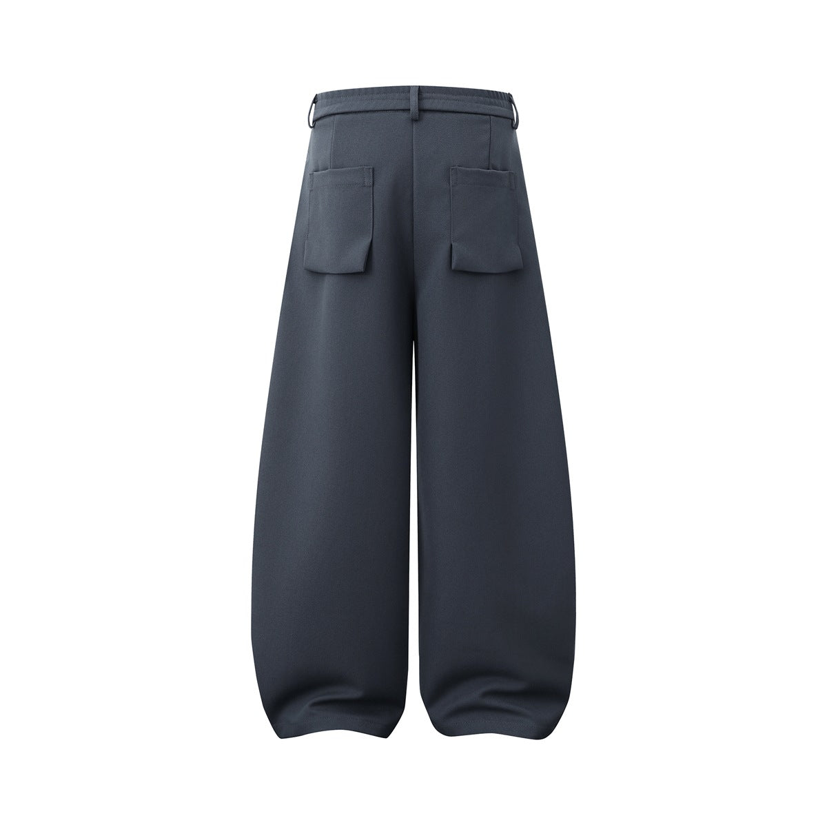Back view of gray wide-leg trousers with two flap patch pockets and an elastic waistband