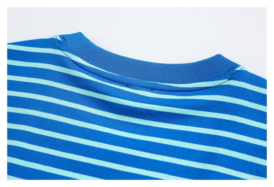 Close-up of the ribbed blue neckline and pale aqua horizontal stripes on a shirt.