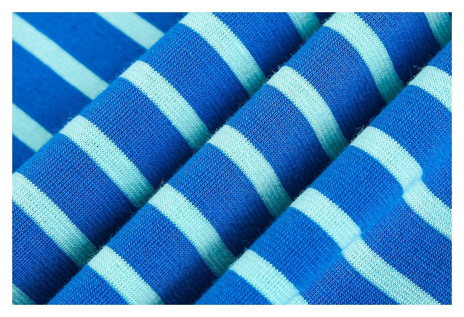 Macro view of blue knit fabric with pale aqua stripes, gathered into soft folds.