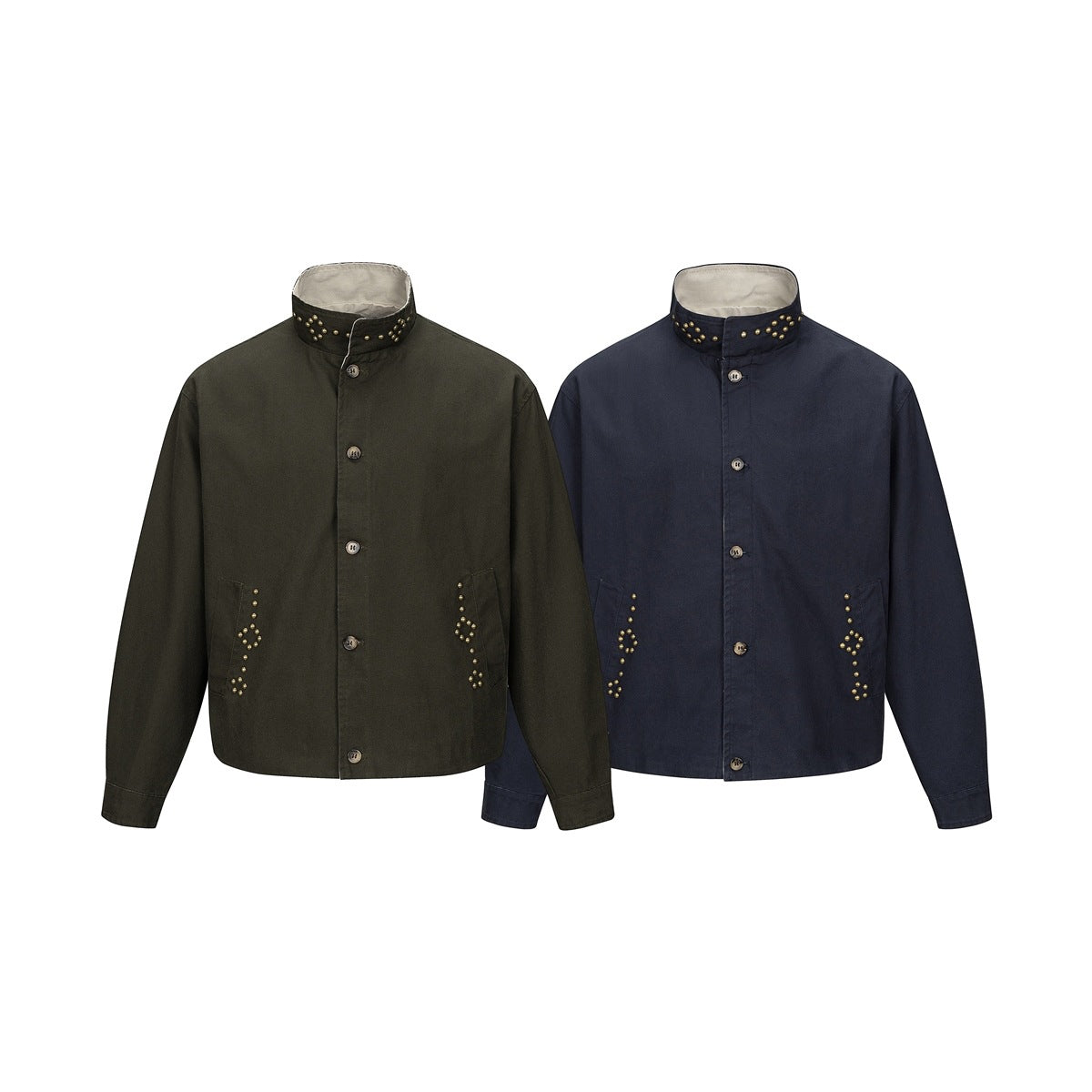Front views of studded high-collar jackets in olive and navy, with button fronts and studded pockets.
