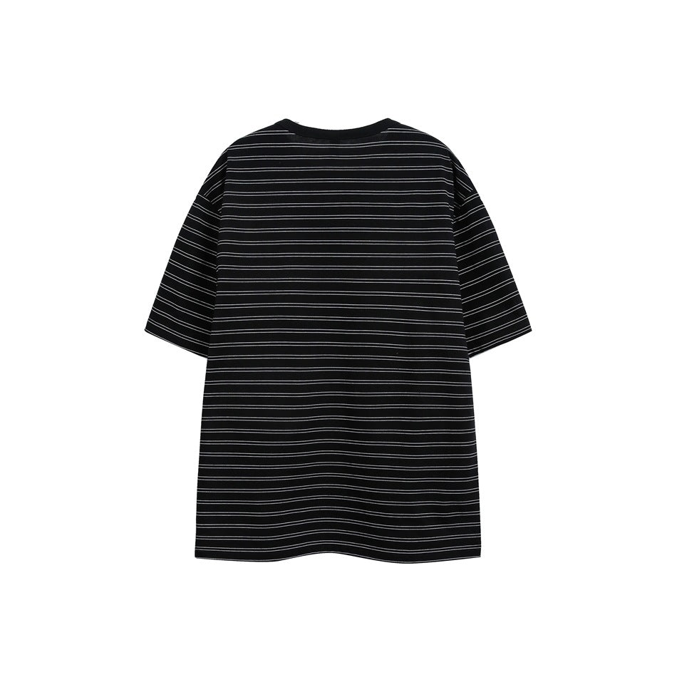 Back view of a black short-sleeve T-shirt with thin horizontal stripes and a black crew neckline.