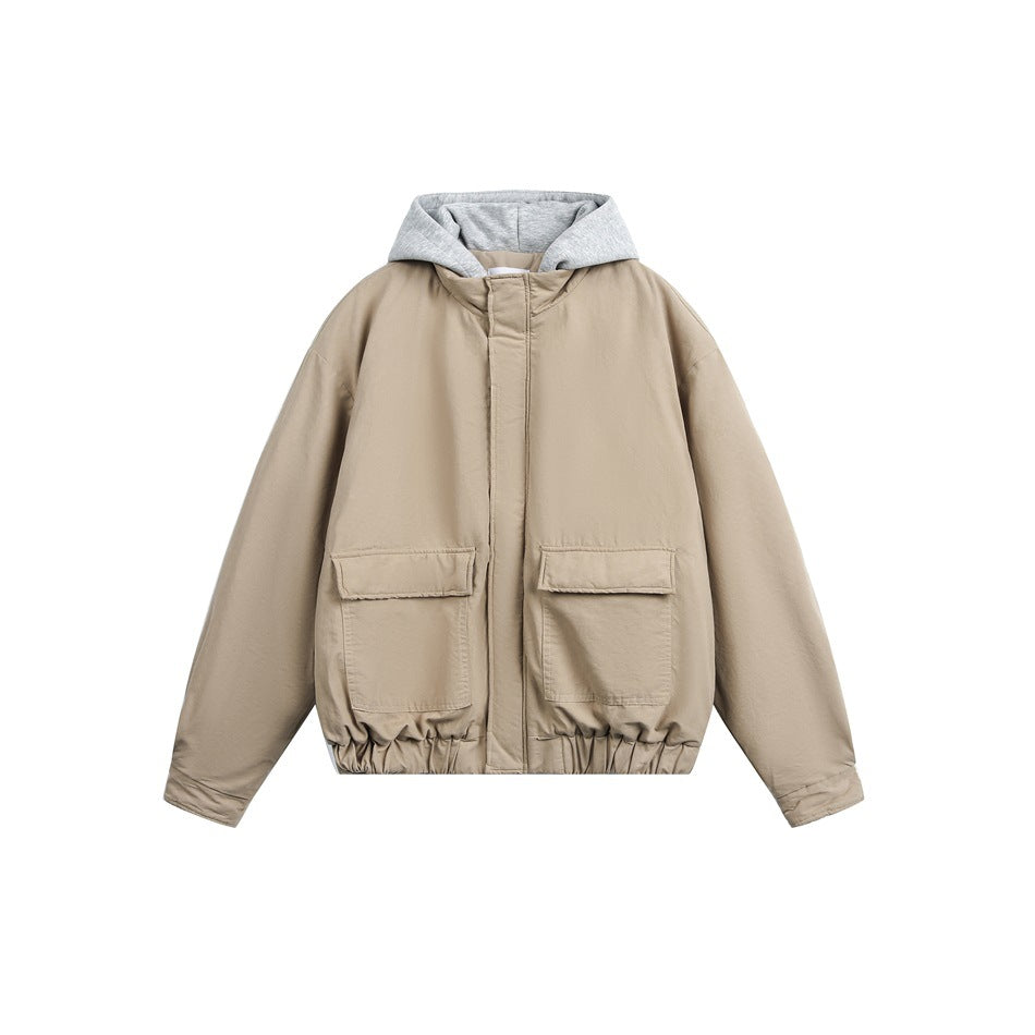 Khaki hooded jacket with gray jersey hood, two large flap pockets and elastic hem, front view on white