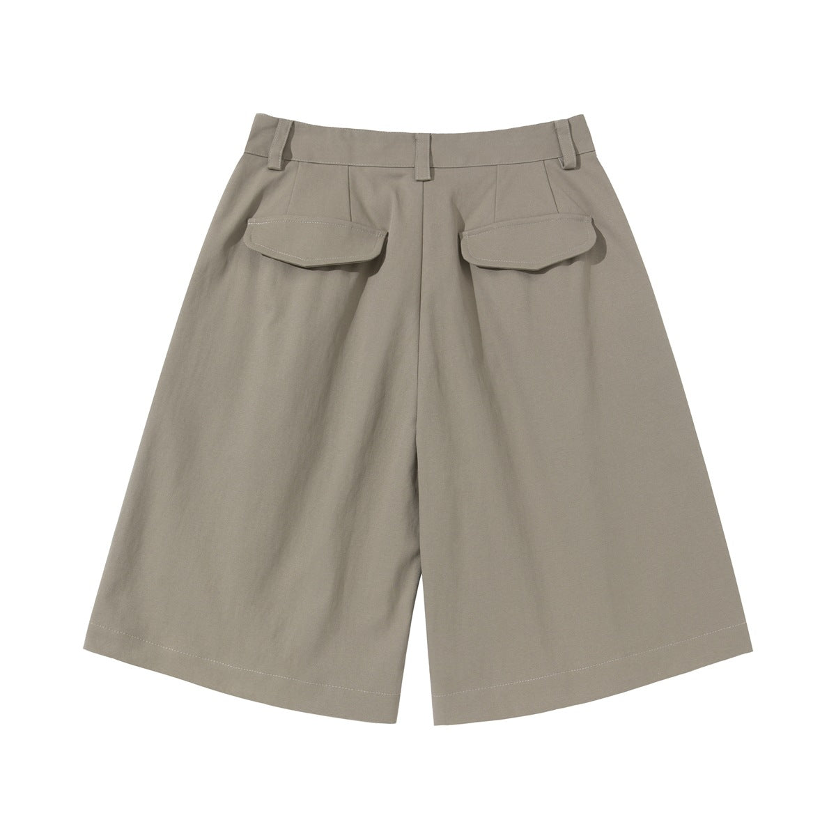 Back view of taupe wide-leg tailored shorts with two flap pockets, belt loops, and a center seam.
