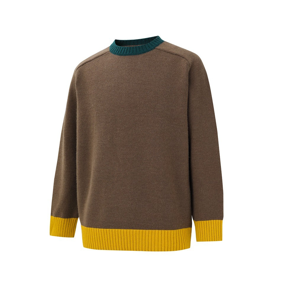 Brown knit crew-neck sweater shown at a slight angle, with a teal ribbed collar and mustard yellow cuffs and hem.