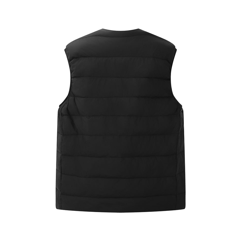 Back view of a black sleeveless quilted vest with horizontal stitched panels.