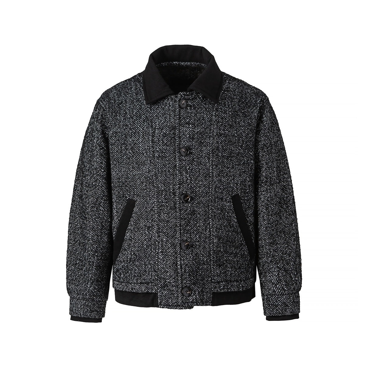 Black and gray herringbone button-up jacket with black collar, pocket trim, hem and cuffs, shown flat from the front