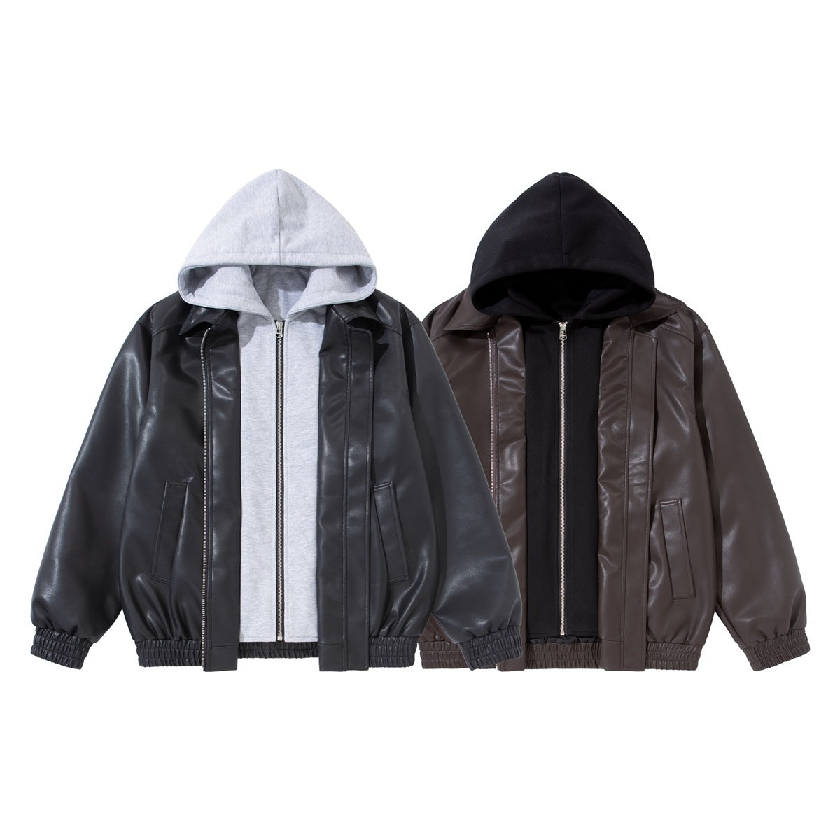 Front view of two hooded jackets: black with a light gray hood and brown with a black hood.