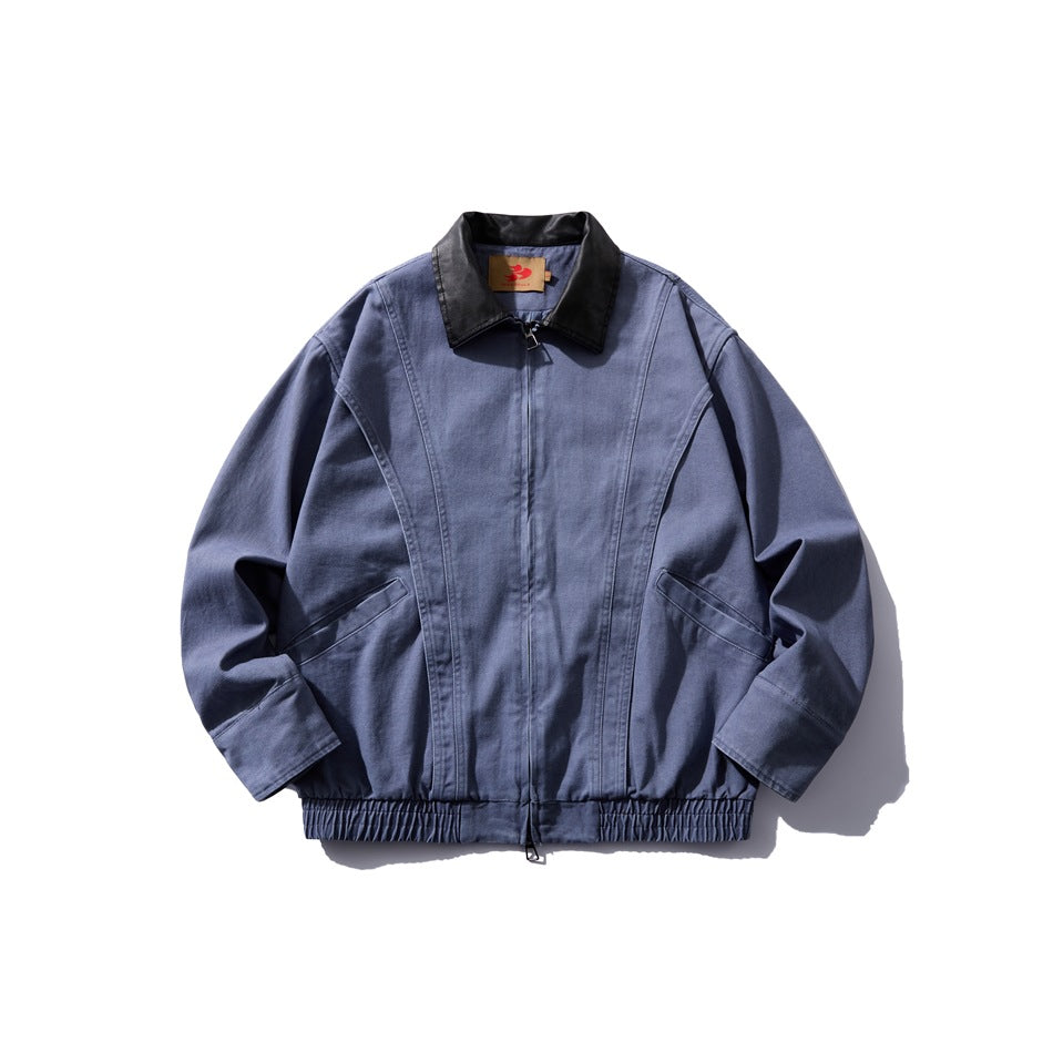 Washed blue zip-front jacket with black leather-look collar, flat lay front view