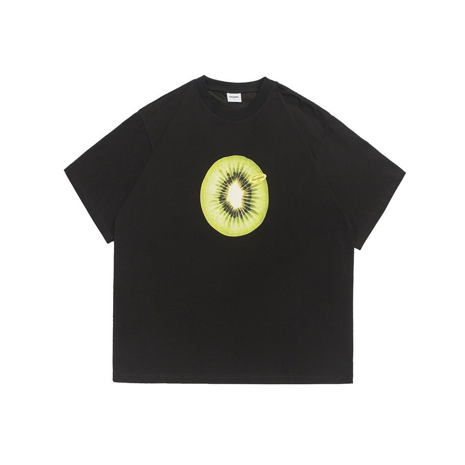 Black short-sleeve crew-neck T-shirt with a large green kiwi slice graphic on the chest, flat front view