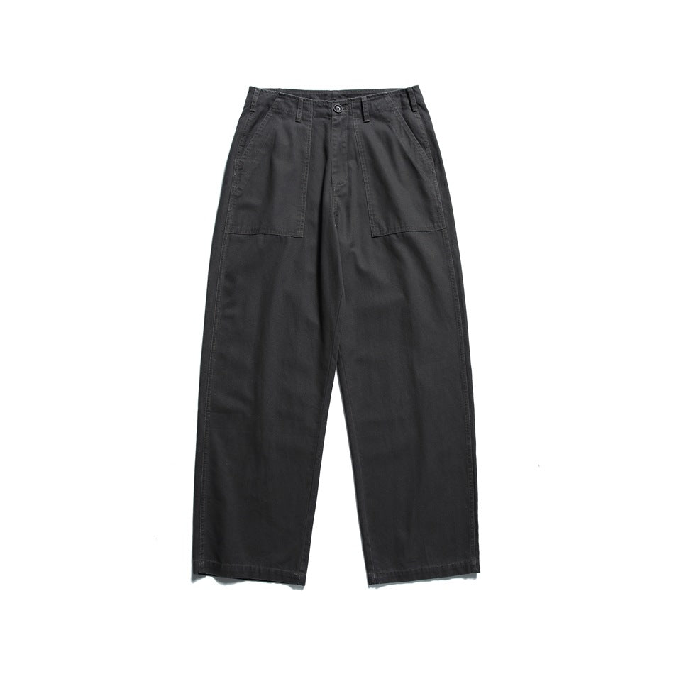 Dark gray wide-leg utility pants, flat front view with large patch pockets and button waist