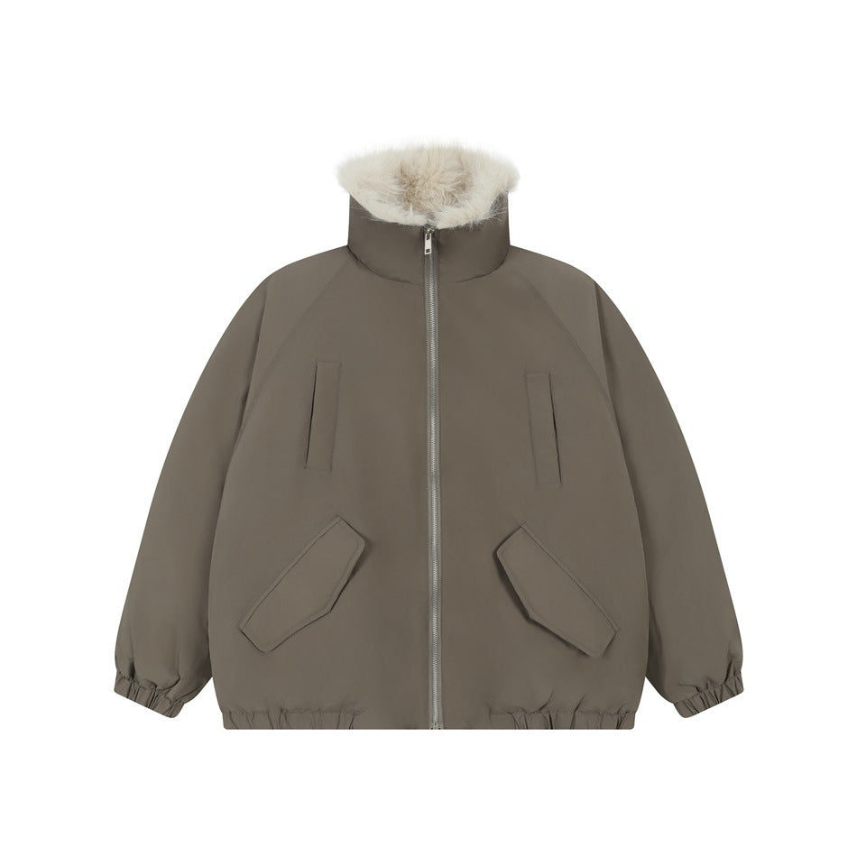 Gray-taupe zip-front jacket with cream fleece-like collar lining, flap pockets and elastic cuffs, front view