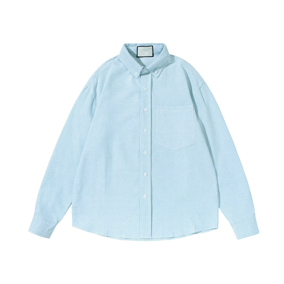 Light blue vertical-striped long-sleeve button-down shirt with chest pocket, laid flat, front view