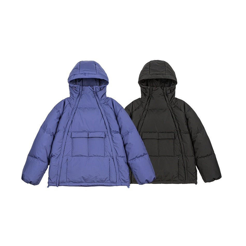 Front view of two hooded puffer jackets, one blue and one black, with large front pockets.