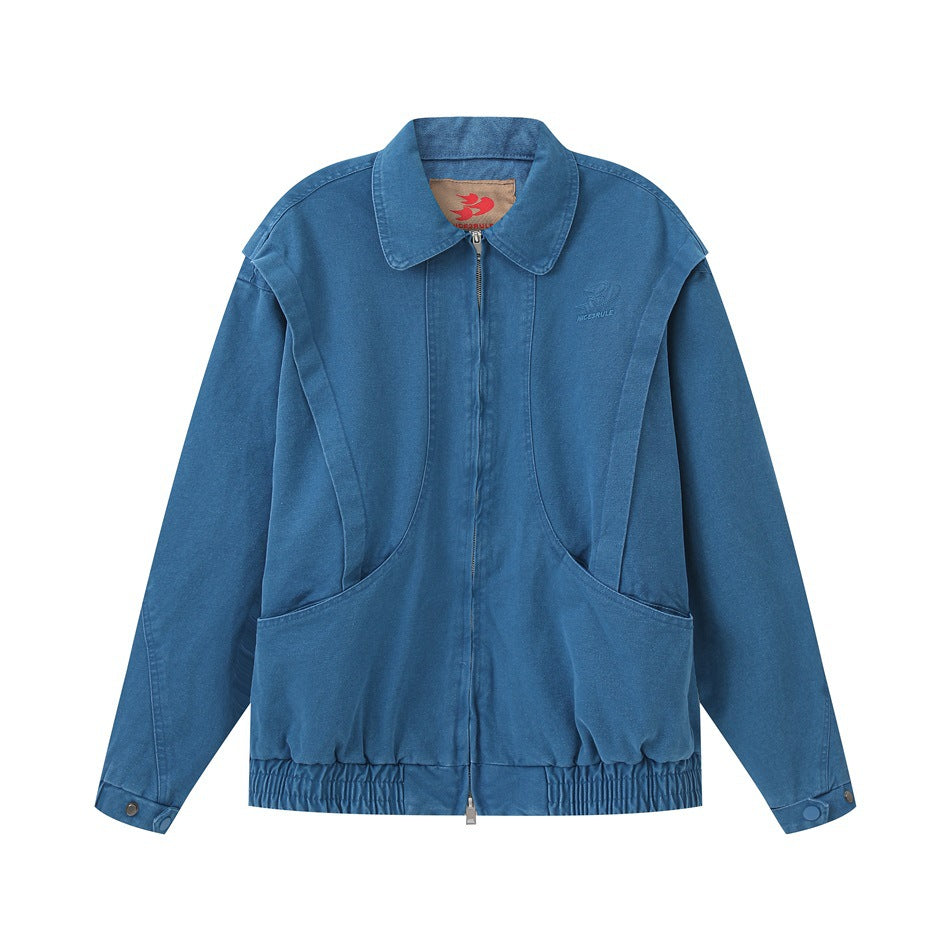 Royal blue washed canvas-style zip jacket, flat front view, with curved seams, pockets and elastic hem
