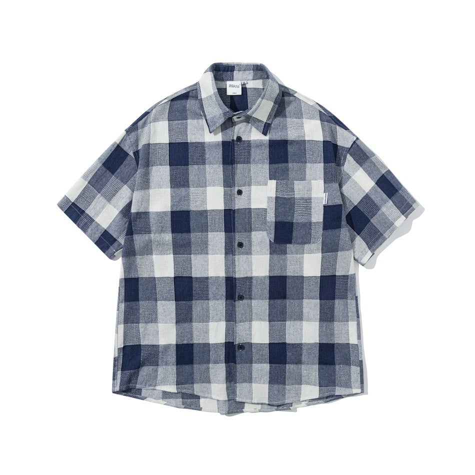Navy, gray and white check short-sleeve button-up shirt with chest pocket, flat front view