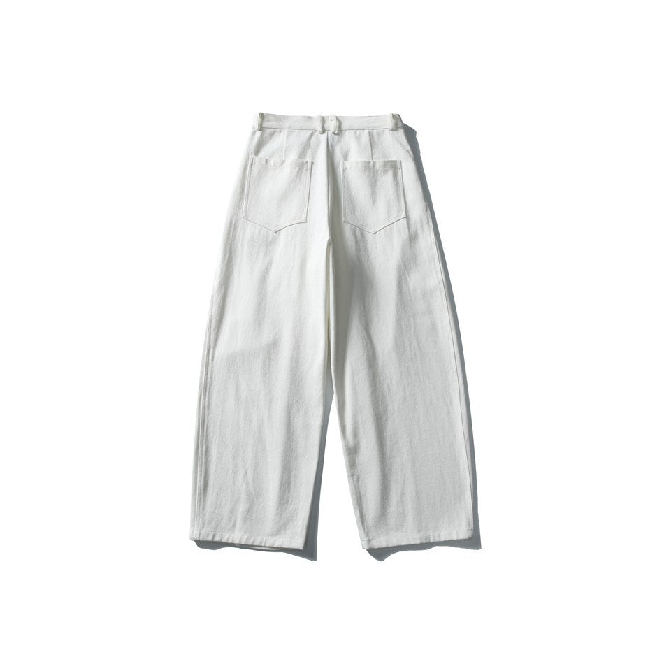 White wide-leg trousers shown from the back, with two angular patch pockets.