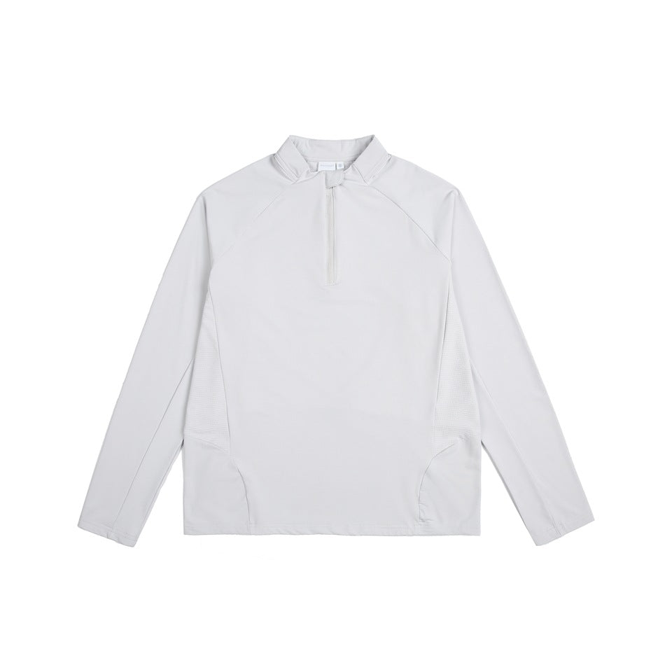 Light gray-white long-sleeve quarter-zip top with stand collar and textured side panels, flat front view
