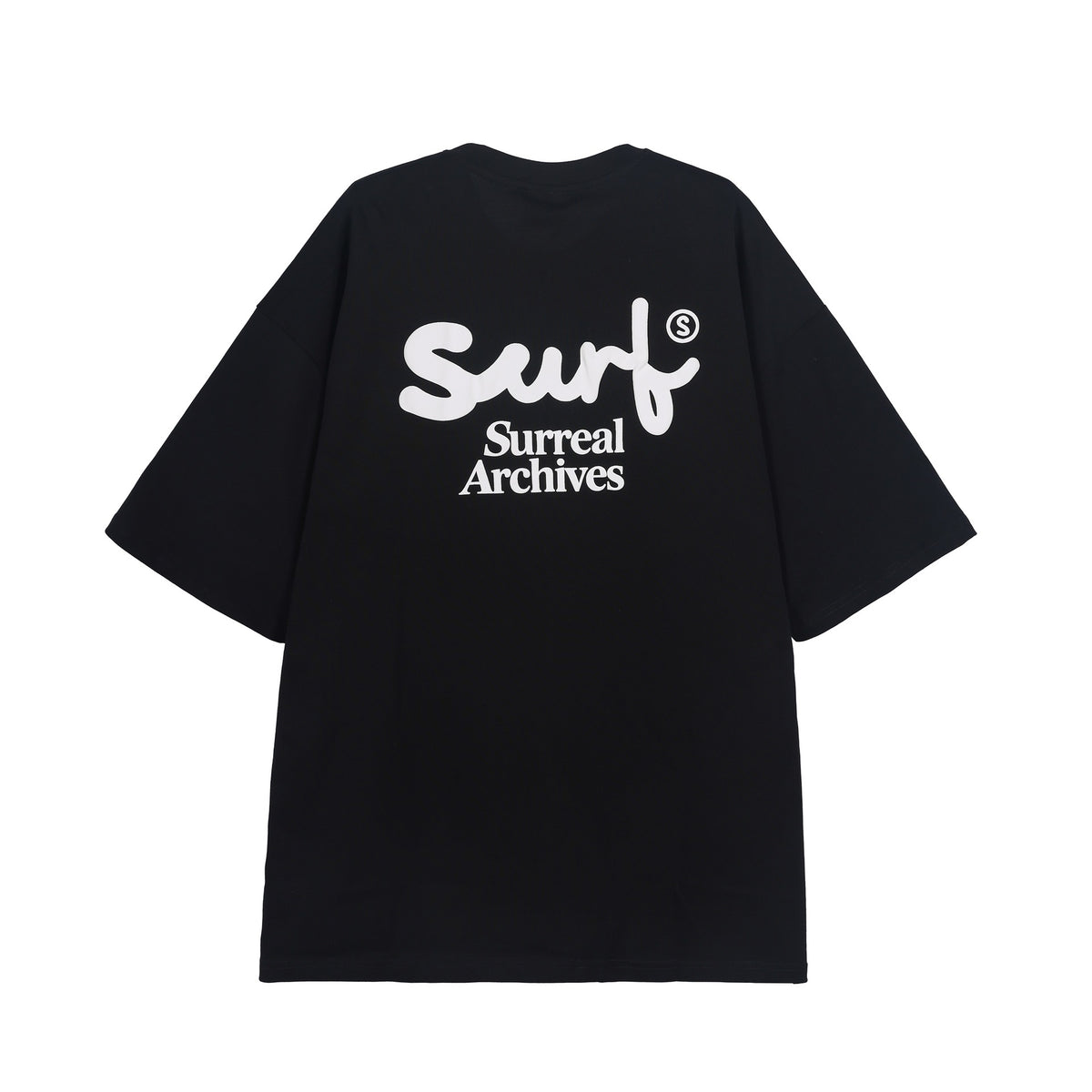 Black short-sleeve T-shirt back view with large white Surf script graphic and Surreal Archives text