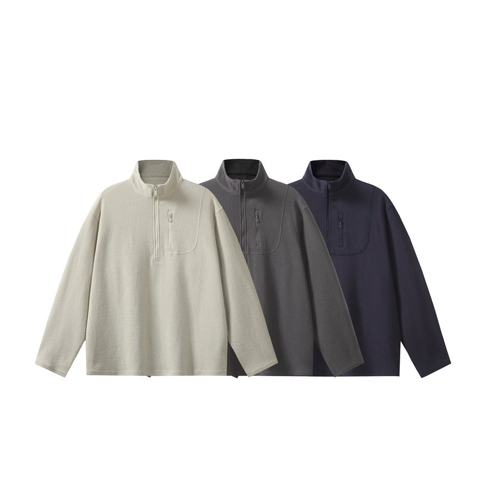 Three stand-collar, quarter-zip pullovers with chest pockets shown in beige, charcoal gray, and navy.