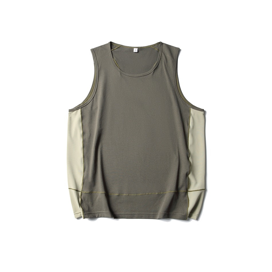 Army green sleeveless tank top flat lay with light sage side panels and olive contrast stitching