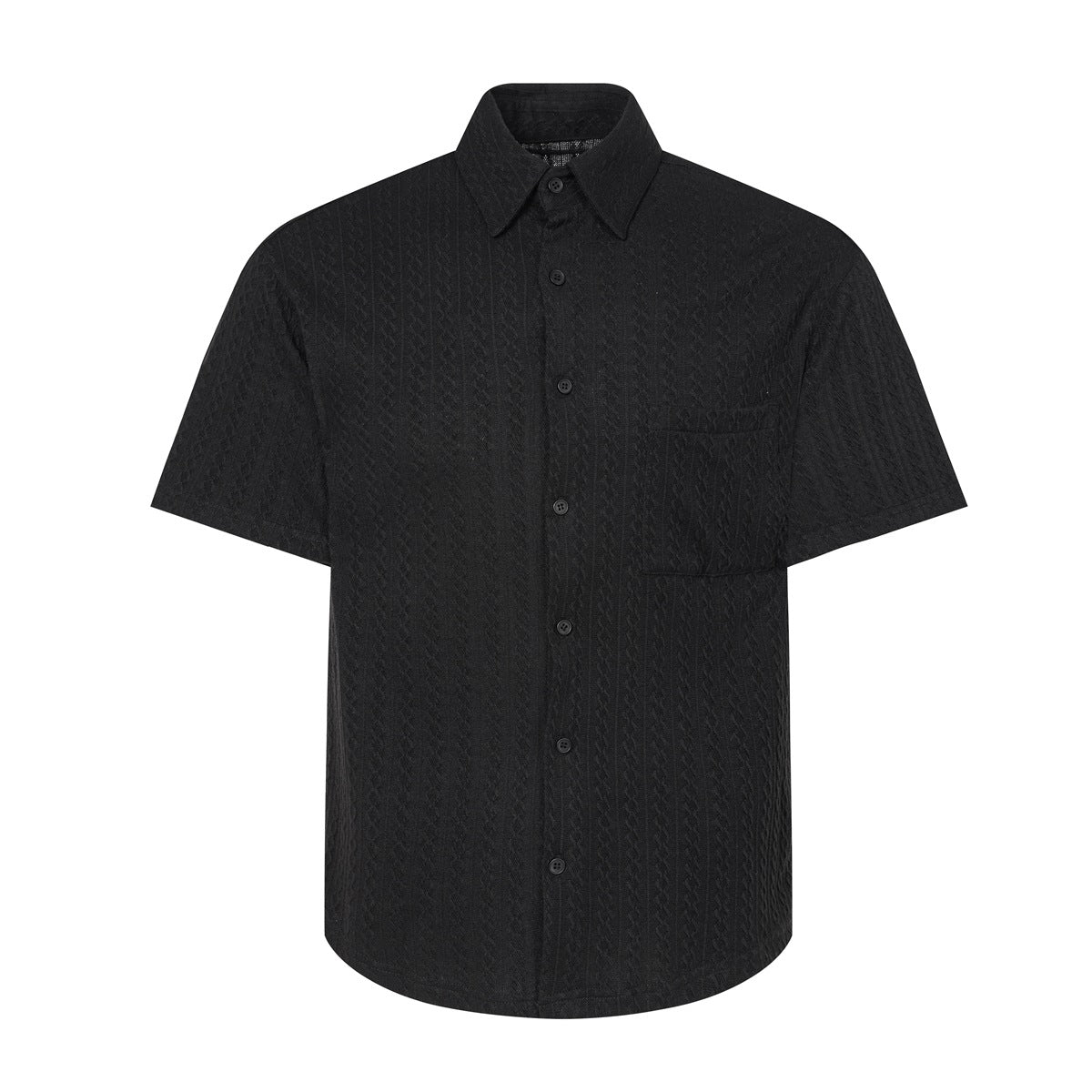 Black short-sleeve button-up shirt with textured cable pattern, collar and chest pocket, front view