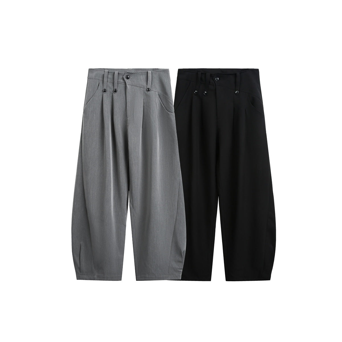 Gray and black wide-leg trousers displayed side by side, with pleats, curved pockets, belt loops, and button details.
