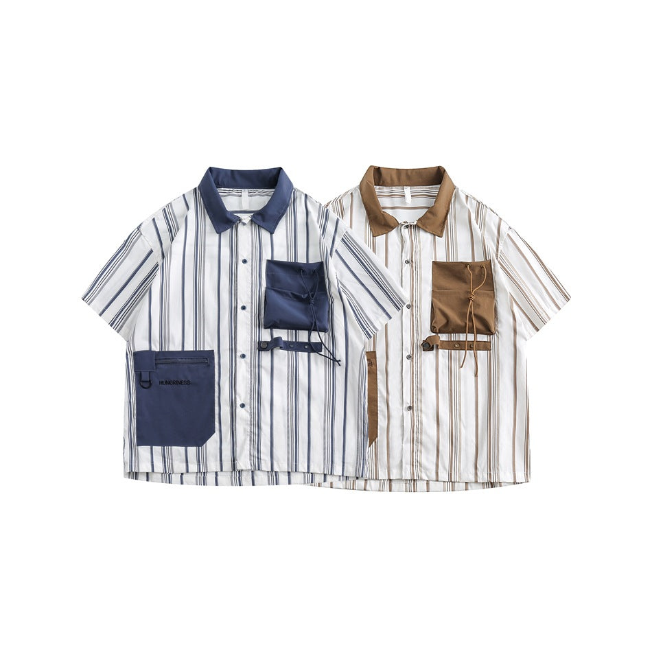 Two short-sleeve striped shirts shown from the front, one with navy details and one with tan details.