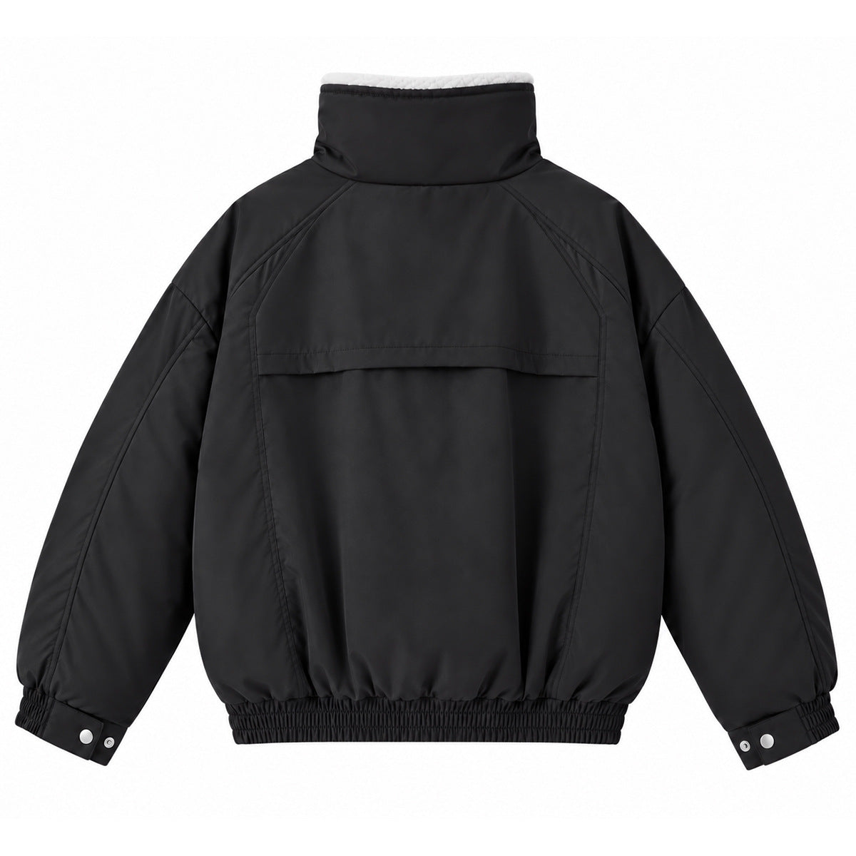 Back view of a black jacket with a white fleece-trimmed high collar, gathered elastic hem and snap cuffs.