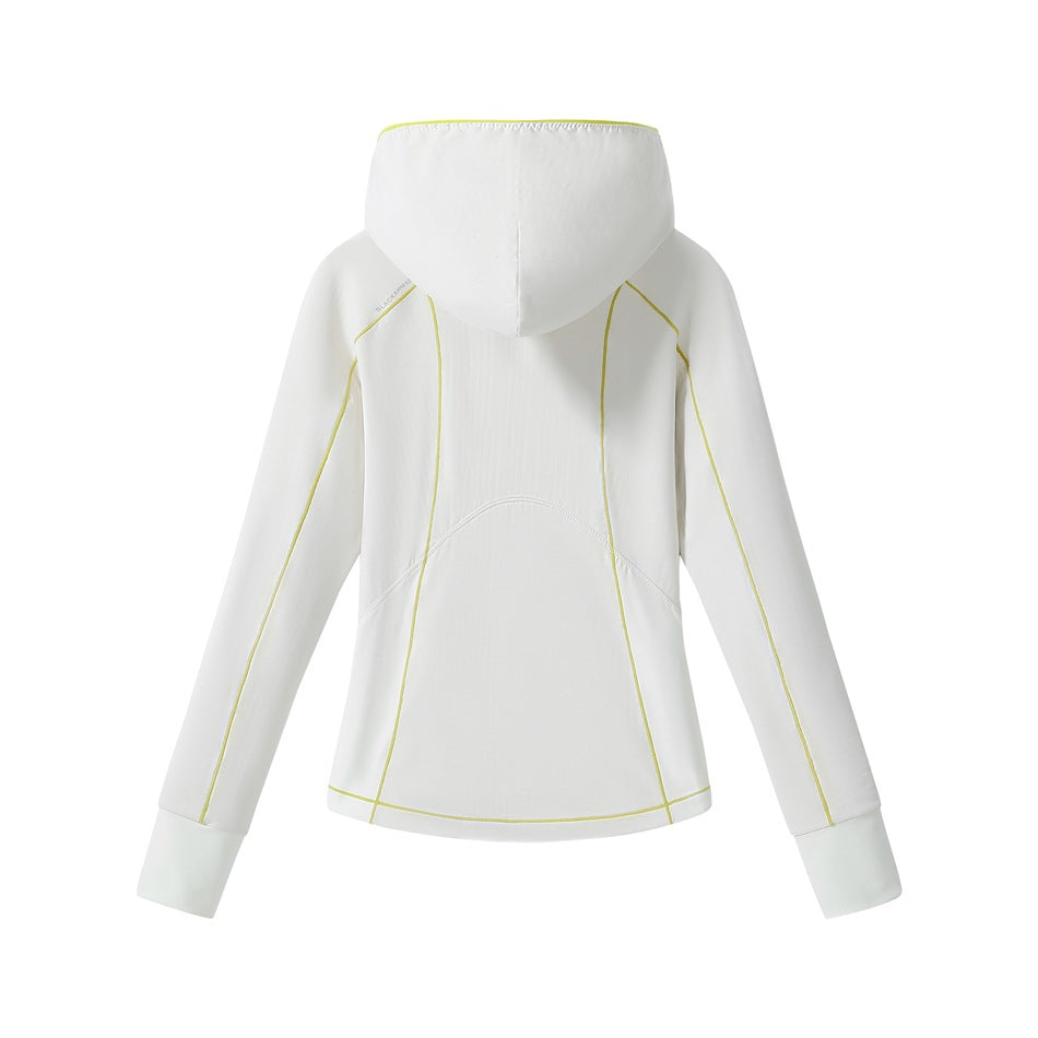 Back view of a white hooded jacket with pale yellow-green seam piping and long sleeves.