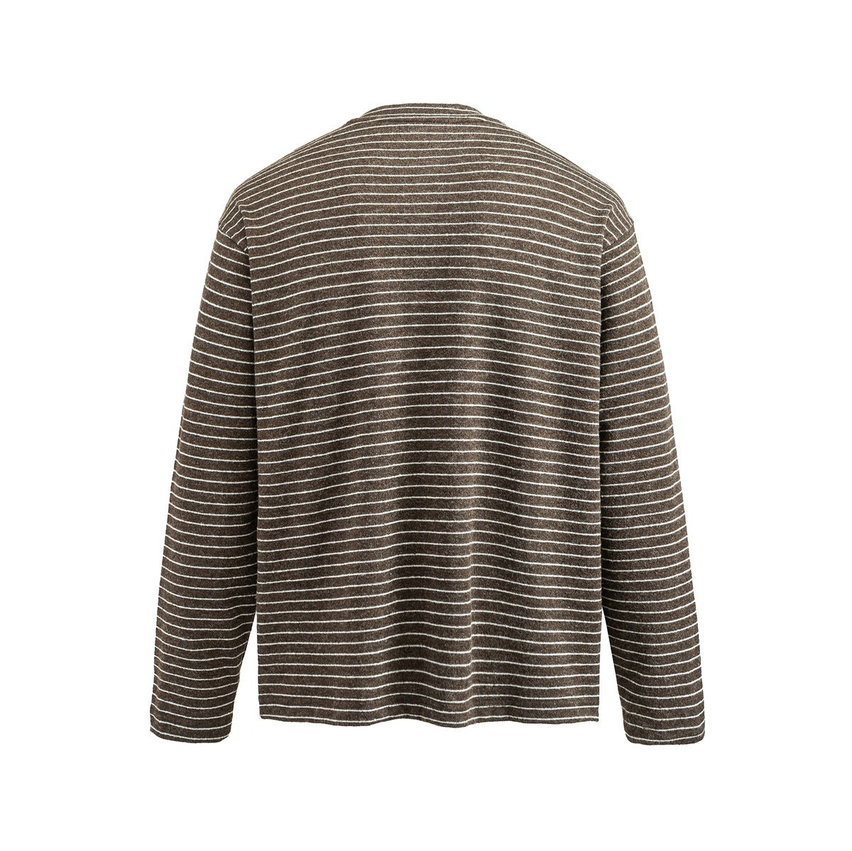 Back view of a brown long-sleeve shirt with narrow white horizontal stripes.